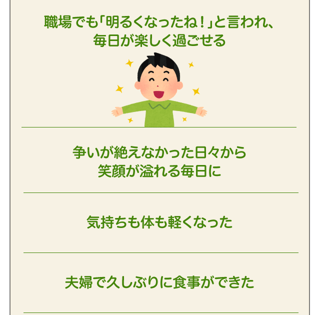 職場でも「明るくなったね！」と言われ、毎日が楽しく過ごせる